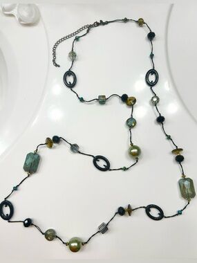Long Green Bead and Pearl Station Necklace with Black Accents
